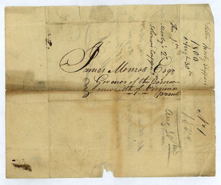 Letter addressed to Va. Governor James Monroe, August 30, 1800, by Mosby Sheppar