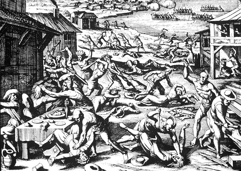Indian massacre of 1622, depicted as a woodcut by Matthaeus Merian, 1634.