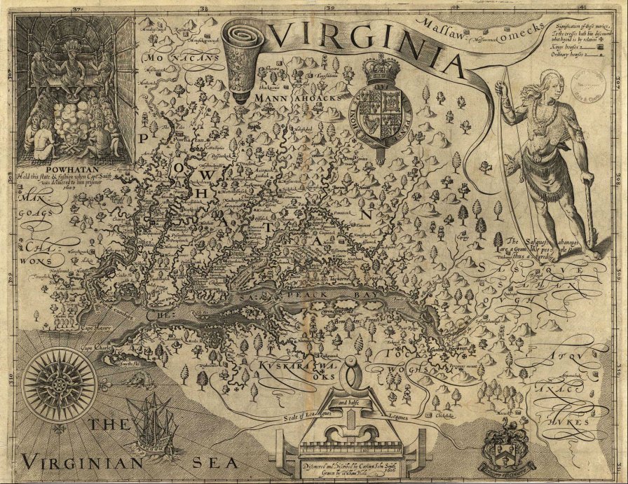 John Smith's 1612 map of Virginia. Oriented with west at the top.